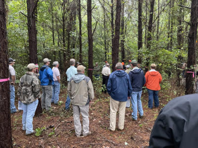 Reviewing the growth trajectory and realized stem quality of an advanced control mass cross loblolly pine planting, during the 2021 Annual Exchange Meeting near Tuscaloosa, AL.